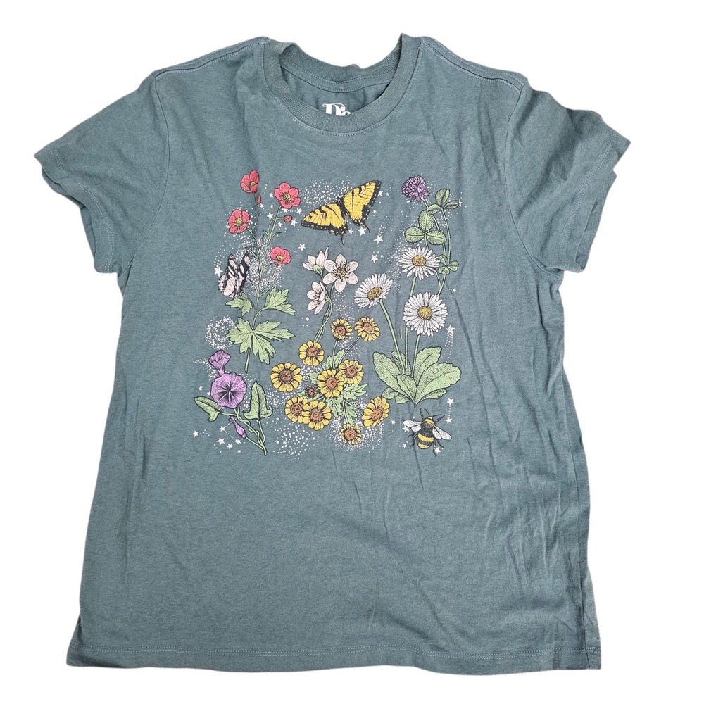 Doe. Women Small Teal Graphic T-Shirt Wildflower Butterfly Bee Cotton Nature Tee